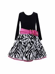 Flash Sale Bonnie Jean Long Sleeve Black Velvet Zebra Dress W Fuchsia Bow