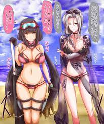 2girls bag bare shoulders beach bikini bikini bottom bikini top  black gloves black hair blush carmilla (fate) carmilla (swimsuit rider)  choker cleavage curvy day detailed background ekitaiidou erect nipple