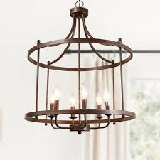 Lnc 6 Light Antique Bronze Unique Open Cage Drum Lantern Modern Cottage Industrial Candle Chandelier Island Pendant A03252 The Home Depot