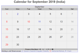 September 2019 India Calendar With Holidays Holiday Calendar Federal Holiday Calendar Calendar