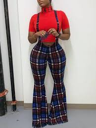 Red Black Plaid Draped High Waisted Casual Bell Bottomed Flares Long Overall Pants In 2020 Curvy Outfits Black Girl Fashion Fashion
