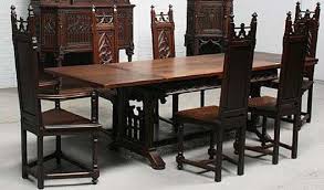 The suitable furniture for this idea is a rectangular wooden dining table and black chairs. Gothic Dining Table And Chairs Item 5112 Epitomize The Revival Of Enthusiasm For Gothic Style Champione French Dining Tables Dining Table Dining Table Chairs