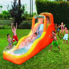 Manufacturers will provide a schematic that will detail the overall length and width of concrete needed for installation. Inflatable Water Slides Wave Splash Backyard Outdoor Summer Aqua Activity Slide Banzai Water Slides Inflatable Water Slide Kids Water Slide