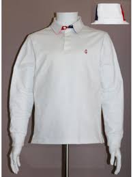 Un imprimé et un écusson brodé sur la poitrine. Polo Bleu Raye Rouge Et Blanc Manches Longues Gaulois France Pour Homme 100 Concu Et Fabrique En France