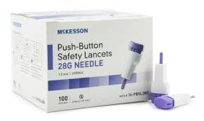Mckesson 16 Pbsl28g Safety Lancet Fixed Depth Lancet Needle 1 5 Mm Depth 28 Gauge Push Button Pack Of 100