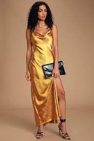 Length approx 158cm/62 (based on a sample size uk 8) model wears size uk 8/ eu 36/ aus 8/ us 4; Chic Gold Satin Dress Cowl Neck Dress Sleek Maxi Dress Lulus