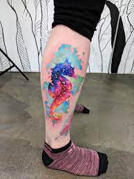 Can you get a tattoo with watercolor paint? My Beautiful Watercolour Seahorse By Zina Guesting At Nr Studios In London Seahorse Tattoo Sleeve Tattoos Watercolor Tattoo Sleeve