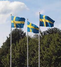 Sveriges flagga är en korsflagga med ett gult kors på blå botten. Flagga Sverige