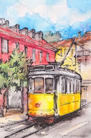Yellow Tram In Lisbon Ink Watercolor Illustration Art Print By Artbyewelina X Small Watercolor Illustration Art Illustration Art