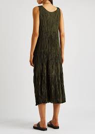Shop Eileen Fisher Dark Green Forest Green Crinkled Silk Midi Dress