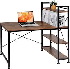 Vecelo Computer Office Desk Multipurpose Study Table H Shape With 4 Tier Bookshelves Brown In 2020 Study Table Office Computer Desk Office Desk
