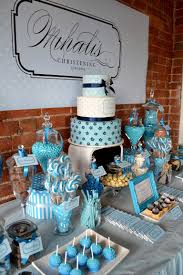 Blue Themed Christening Party Idea With A Cake Table Used As The Centre Piece And Name Decal Baby Shower Desserts Boy Baby Shower Desserts Shower Desserts