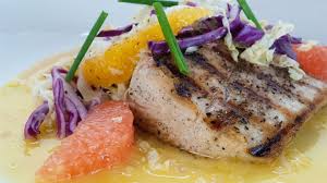 Grilled Mahi Mahi With Charred Orange Beurre Blanc And Citrus Slaw Grilled Mahi Mahi Seafood Recipes Seafood Dishes