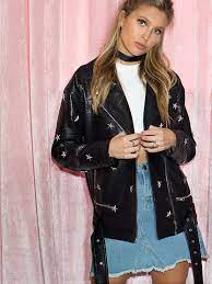 Shop Star Studded Belted Hem Biker Jacket Online Shein Offers Star Studded Belted Hem Biker Jacket More To Fit Jackets Studded Leather Jacket Leather Jacket