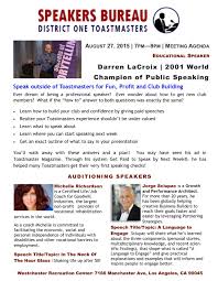 We did not find results for: D1 Speakers Bureau August Meeting Meet Darren Lacroix 2011 Wcps And Learn From His System Get Paid To Sp Public Speaking Meeting Agenda Professional Speakers