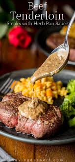 Puff pastry creates a topper for beef tenderloin. Beef Tenderloin Steaks With Herb Pan Sauce Saving Room For Dessert