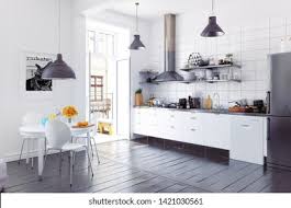 Traditional farmhouse sinks are often combined with a contrasting countertop, like a dark black or butcher block counter. Modern Scandinavian Style Kitchen Interior 3d Stock Illustration 1421030561