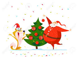Über 80% neue produkte zum festpreis; Vector Plat Joyeux Noel Illustration Avec Heureux Pere Noel Et Chien En Bonnet De Noel Decoration Sapin De Nouvel An Isole Sur Fond Blanc Style De Dessin Anime Bon Pour La Banniere