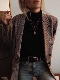 Black And Gold Casual Outfits For Ladies Black Turtleneck Gold Chains Denim Plaid Blazer In 2020 September Fashion Cool Girl Outfits Fashion
