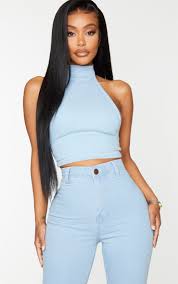 Blue Wash Denim Halter Crop Top Prettylittlething Usa