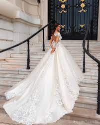 2019 Newest Long Sleeves Ball Gowns Wedding Dresses Modest Sheer Neckline Lace Appliques Bridal Gown Court Train Robe Mariage Wedding Dress Hire Wedding Dress O Wedding Dress Long Sleeve Wedding Dresses