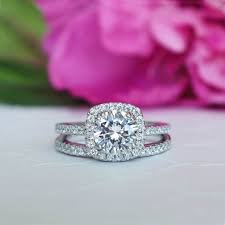 1 25 Ctw Classic Square Halo Wedding Set Man Made Diamond Simulant Half Eternity Bridal Ring Engagement Ring Sterling Silver With Images Halo Wedding Set Bridal Ring Sets Bridal Ring Sets Round