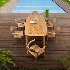 *features a sleek beveled table top base design with a 4mm glass top for beauty and durability. 7 Pc Mid Century Modern Outdoor Teak Dining Set Impression Lara Teak Patio Furniture Teak Outdoor Furniture Teak Garden Furniture