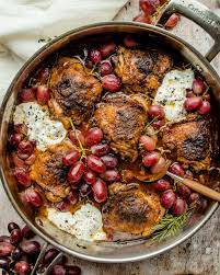 Red Wine Balsamic Braised Chicken Thighs With Grapes And Burrata Inspired With A Twist Braised Chicken Thighs Braised Chicken Red Wine Recipe
