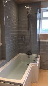 L Shaped Bath With Screen Grey Metro Subway Tiles Bathroom Layout L Shaped Bathroom Bathroom Design