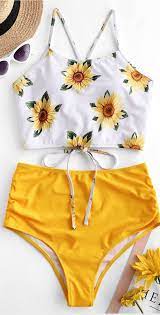 Zaful Crisscross Ruched Sunflower Tankini Set Bright Yellow Greenish Blue Lapis Blue Trendy Swimsuits Girls Bathing Suits Trendy Bikinis