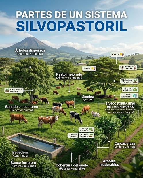 Un sistema silvopastoril combina ganado, pastos, árboles, cercas vivas y bancos forrajeros dentro de una misma finca. Los árboles aportan sombra, madera, materia orgánica y mejoran el microclima, mien