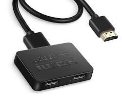 HDMI splitter, two HDMI cables, and two monitors