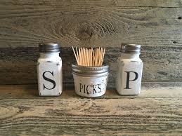 Rustic Salt And Pepper Shaker And Toothpick Holder Set Mason Jar Salt And Pepper Shaker Set Farm Mason Jar Decorations Decorated Jars Farmhouse Kitchen Decor Mini mason jar toothpick holder. pinterest