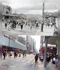 1945年 2019年11月12日早上10點 平行時空七十四年 香港重光 旺角彌敦道山東街口 大群飢餓小孩走出彌敦道 至今巴士爆軚 無車搭返工 巿民行彌敦道 歷史時空