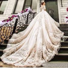 Buy cheap ball gown wedding dresses online at veaul.com today! 2018 Arabic Luxury Wedding Dress Custom Made 3d Floral Appliques Off Shoulder Lace Long Ball Gowns Wedding Lace Wedding Dress Vintage Long Train Wedding Dress