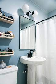 Our Tiny Bathroom Makeover With Colorblocked Walls Ceiling Jojotastic Tiny Bathroom Makeover Bathroom Wall Colors Best Bathroom Paint Colors