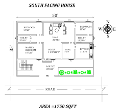 50 X35 South Facing 3bhk House Plan As Per Vastu Shastra Autocad Drawing File Details Cadbull In 2020 South Facing House 30x40 House Plans Indian House Plans