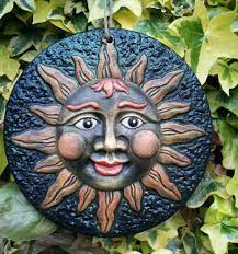 Sun Face Garden Plaque Plate Ornament Hand Painted Garden Wall Hanging Pagan Sun Moon Garden Ornaments For Sale Celestial Art