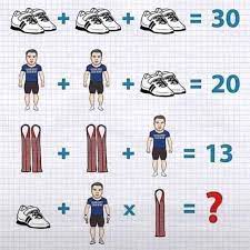 Whatsapp puzzle 3 shoes = 30. All Nighter On Twitter Ans 19 3shoes Equals 30 Means 1 Shoe Is 10 2men 10 Plus 1shoe 10 Equals 20 Means 1 Man Is 5 2ties 8 Plus 1man 5 Equals 13 Which