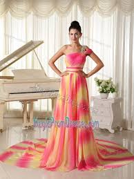 Court Train One Shoulder Prom Dress Ombre Hot Pink Yellow Gradient Girls Pageant Dresses Cocktail Dress Prom Prom Dresses Modest