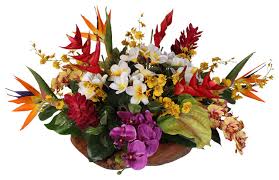 When used correctly, in the proper others have recommended mixing our artificial plant and tree renderings with their live plantscaping and have gone as far as covering the top of the. Artificial Tropical Arrangement In Decorative Teak Bowl Contemporary Artificial Flower Arrangements By Jenny Silks Houzz