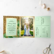 Gold Glitter Mint Green Marble All In One Wedding Tri Fold Invitation Zazzle Com In 2020 Folded Wedding Invitation Faux Gold Foil Gold Invitations