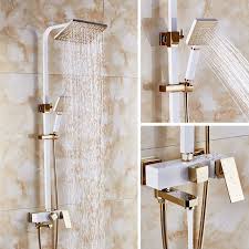 Dofaso Square Head Big Rainfall Shower Set And Square Tube Shower Ivory White And Rose Golden Colour High End Villa Show With Images Rainfall Shower Shower Set Shower Taps