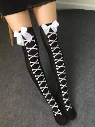 Black and white stockings high heels. Punk Rock Black And White Stockings With Bows Thigh High Stockings Outfit Accessories Fashion