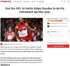Afl legend adam goodes has knocked back one of the football code's most prestigious accolades the afl failed adam goodes, and he is absolutely right to turn them down,' one fan commented. Thousands Sign Petition For Swans Legend Adam Goodes To Get Lap Of Honour On