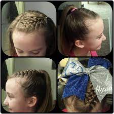Cheer Updo Small Front To Side French Braid To High Ponytail With Cheer Bow Bow Hairstyle Cheer Hair Cheer Makeup