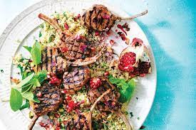 Couscous flavored with chopped mint, toasted slivered almonds, and grated lemon peel. Moroccan Style Lamb Cutlets With Rose And Pomegranate Recipes Delicious Com Au