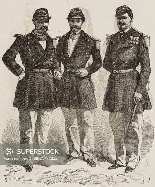 European officers of sepoy or cipays in the British Indian Army, feast of the Assumption, Pondicherry, India, illustration from L'Illustration, Journal Universel, No 1077, Volume XLI, October 17, 1863. - SuperStock