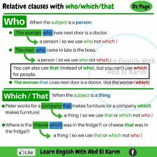 Relative Clauses With Who Which That Relative Clauses English Vocabulary Words Learn English Words