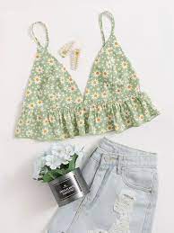 Shein Cami Top Daisy Floral Ruffle Hem Crop Shein Brasil